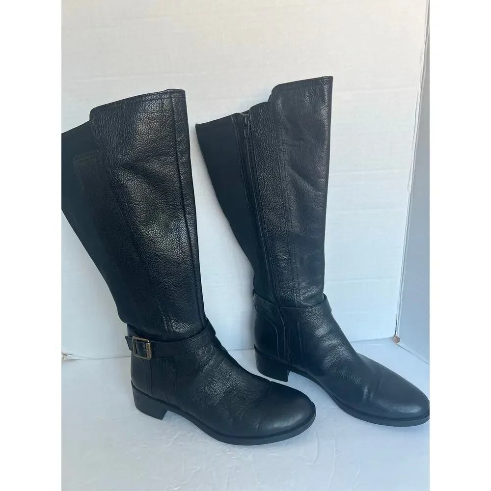 Naturalizer N5 Black Leather Zip Knee High Block Heel Wide Shaft Riding Boots 10